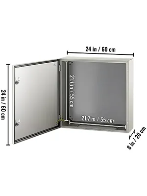 Dimensioni della custodia in acciaio VEVOR: 60x60x20 cm (24x24x8 pollici) con porta aperta.