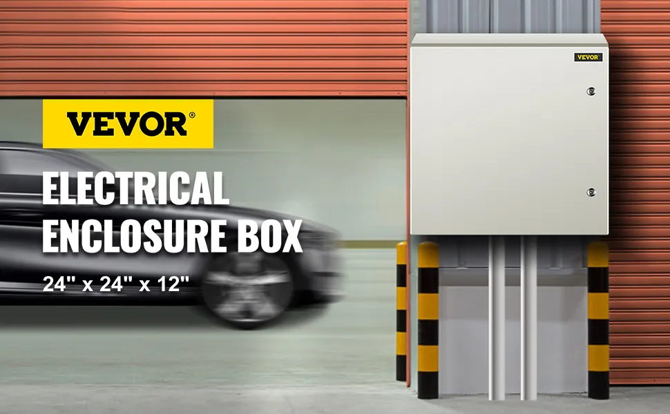 Caja de acero VEVOR nema 4x, montada en la pared cerca de una persiana roja por la que pasa un automóvil negro.