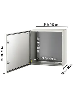 Caja de acero VEVOR nema 4x con puerta abierta, que muestra las dimensiones interiores.
