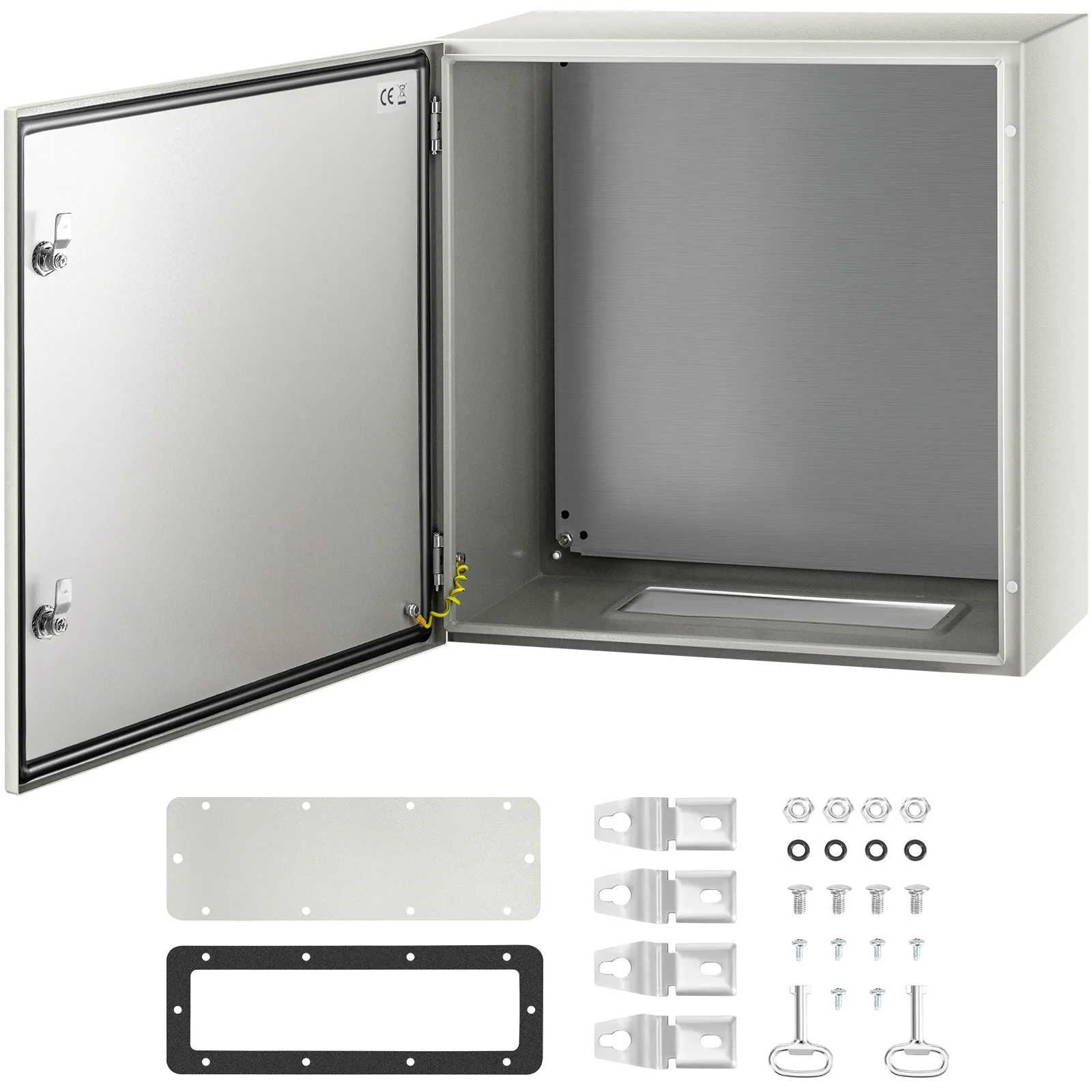 Caja de acero VEVOR nema 4x con puerta abierta y accesorios de montaje incluidos.