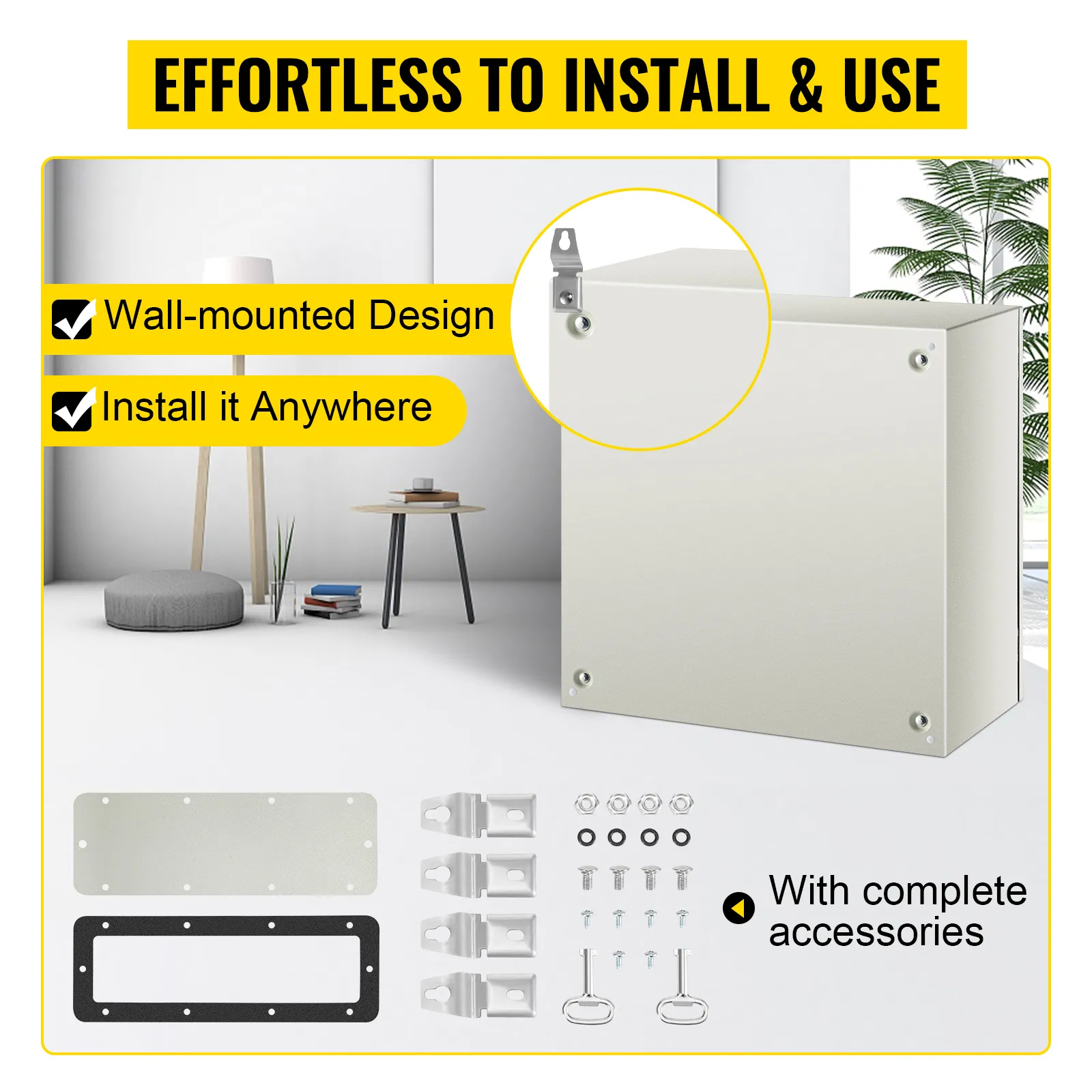Caja de acero VEVOR nema 4x con diseño para montaje en pared y accesorios completos.