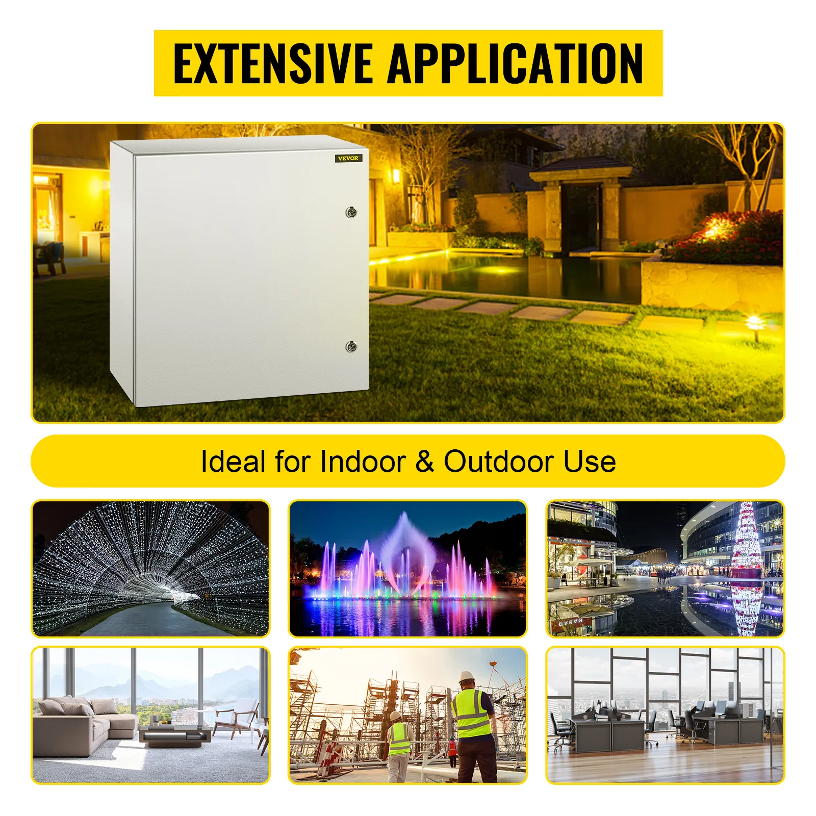 Carcasa de acero VEVOR nema 4x, ideal para uso en interiores y exteriores, que presenta aplicaciones versátiles.