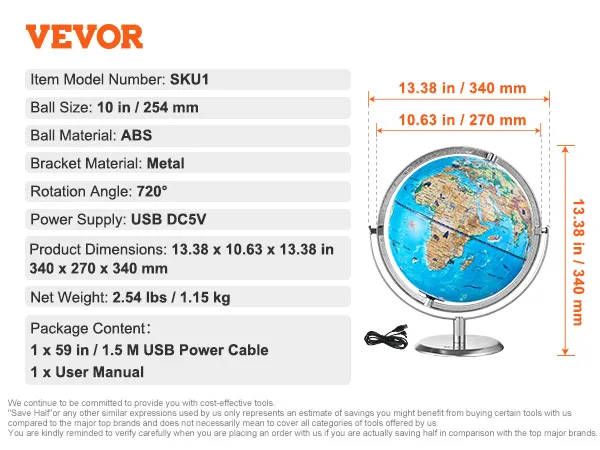 VEVOR educatieve wereldbol met 10 inch abs-bal, 720° rotatie, metalen beugel, USB-voeding, afmetingen 13,38 x 10,63 inch.