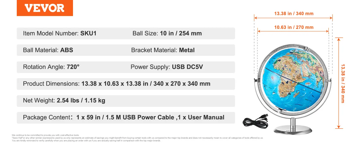VEVOR educatieve wereldbol met 10 inch abs-bal, 720° rotatie, metalen beugel, USB-voeding, afmetingen 13,38 x 10,63 inch.
