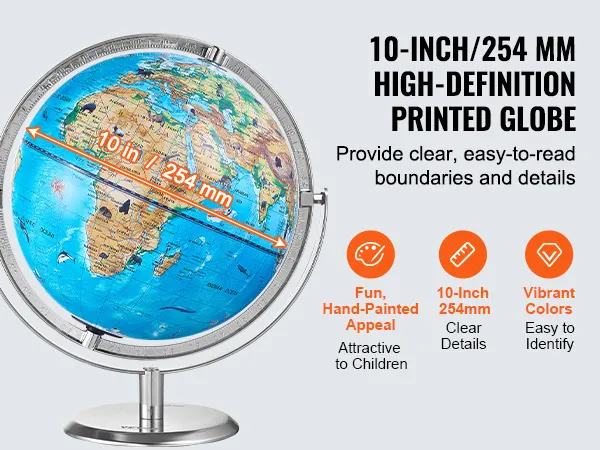 10-inch VEVOR educatieve wereldbol met levendige kleuren en duidelijke details, waarop continenten en oceanen zijn afgebeeld.