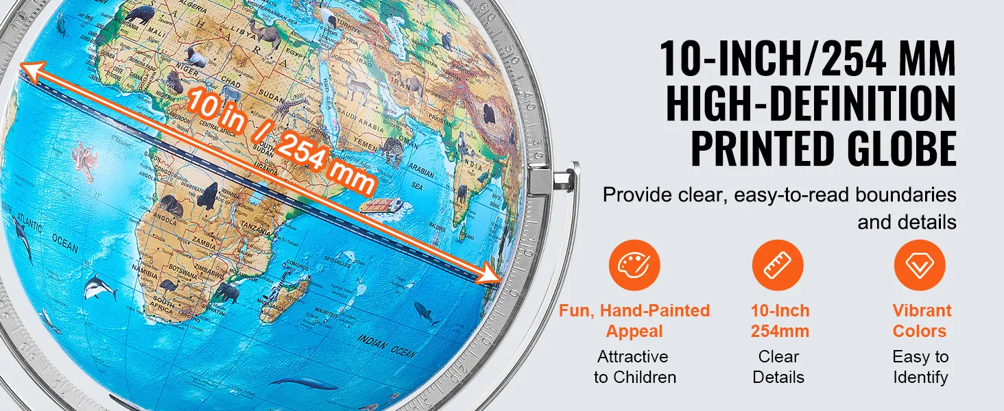10-inch VEVOR educatieve wereldbol met levendige kleuren en duidelijke details, waarop continenten en oceanen zijn afgebeeld.