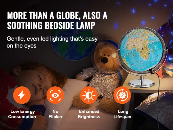 Educatieve wereldbol van VEVOR, die dienstdoet als rustgevende lamp naast het bed, met ledverlichting, laag energieverbruik en geen flikkering.