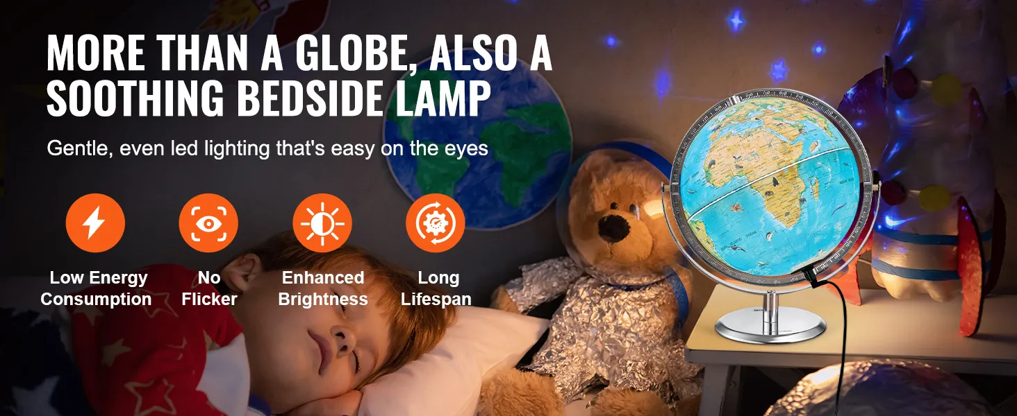 Educatieve wereldbol van VEVOR, die dienstdoet als rustgevende lamp naast het bed, met ledverlichting, laag energieverbruik en geen flikkering.