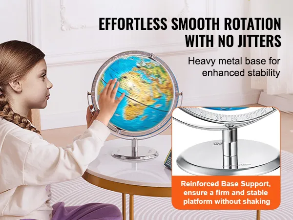 Een kind draait een educatieve VEVOR-wereldbol met een zware metalen voet op een ronde tafel, waarbij de rotatie vloeiend verloopt.