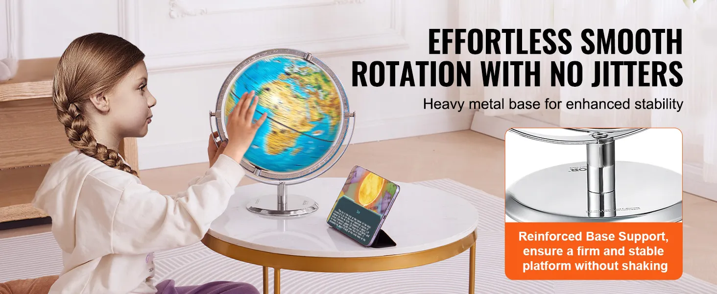 Een kind draait een educatieve VEVOR-wereldbol met een zware metalen voet op een ronde tafel, waarbij de rotatie vloeiend verloopt.