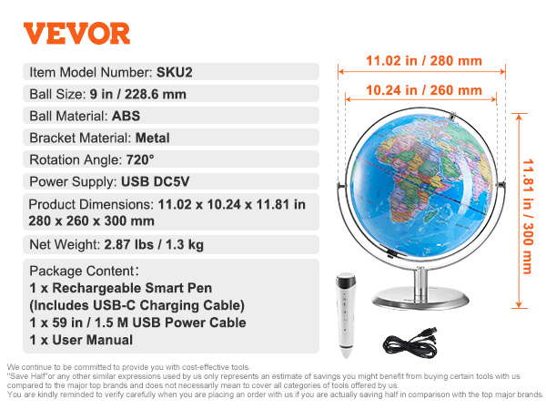 VEVOR Talking World Globe, 9 in/228.6 mm, Interactive Globe for