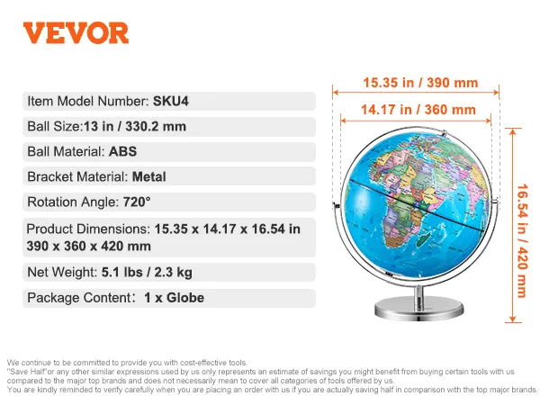 Globo giratorio VEVOR, bola de ABS de 13 pulgadas, rotación de 720°, soporte de metal, peso neto de 5,1 libras.