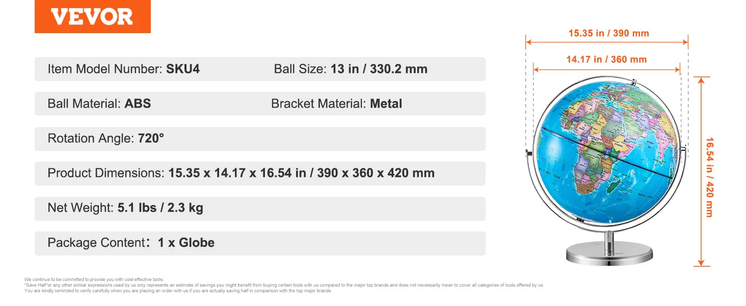 Globo giratorio VEVOR, bola de ABS de 13 pulgadas, rotación de 720°, soporte de metal, peso neto de 5,1 libras.