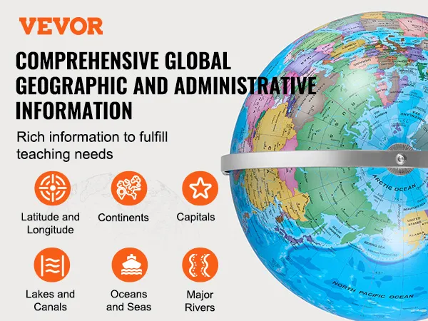 Globo giratorio VEVOR con información geográfica completa, destacando continentes, capitales y océanos.