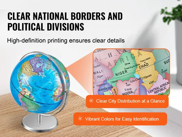 El globo giratorio VEVOR muestra fronteras nacionales claras y colores vibrantes para una fácil identificación.