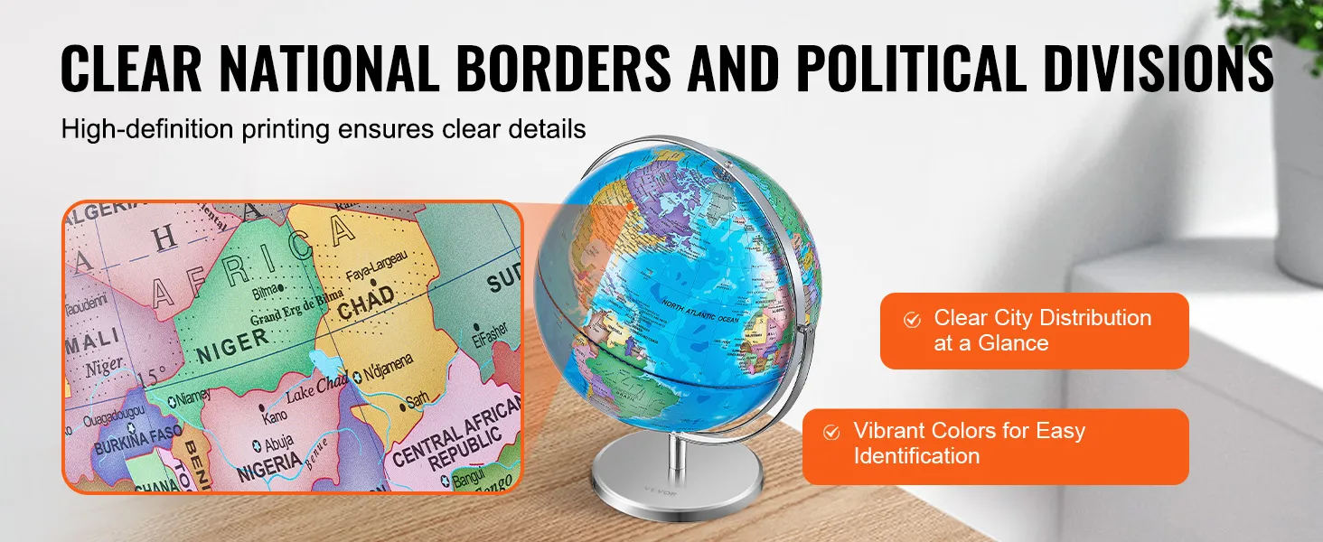 El globo giratorio VEVOR muestra fronteras nacionales claras y colores vibrantes para una fácil identificación.