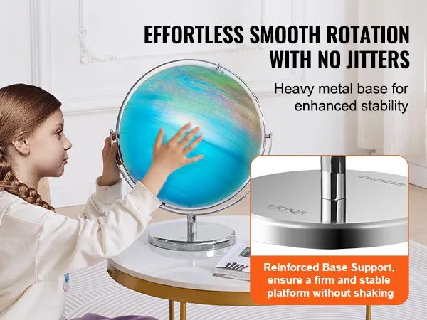 Globo giratorio VEVOR para niños sobre una mesa, con rotación suave y base de soporte reforzada.