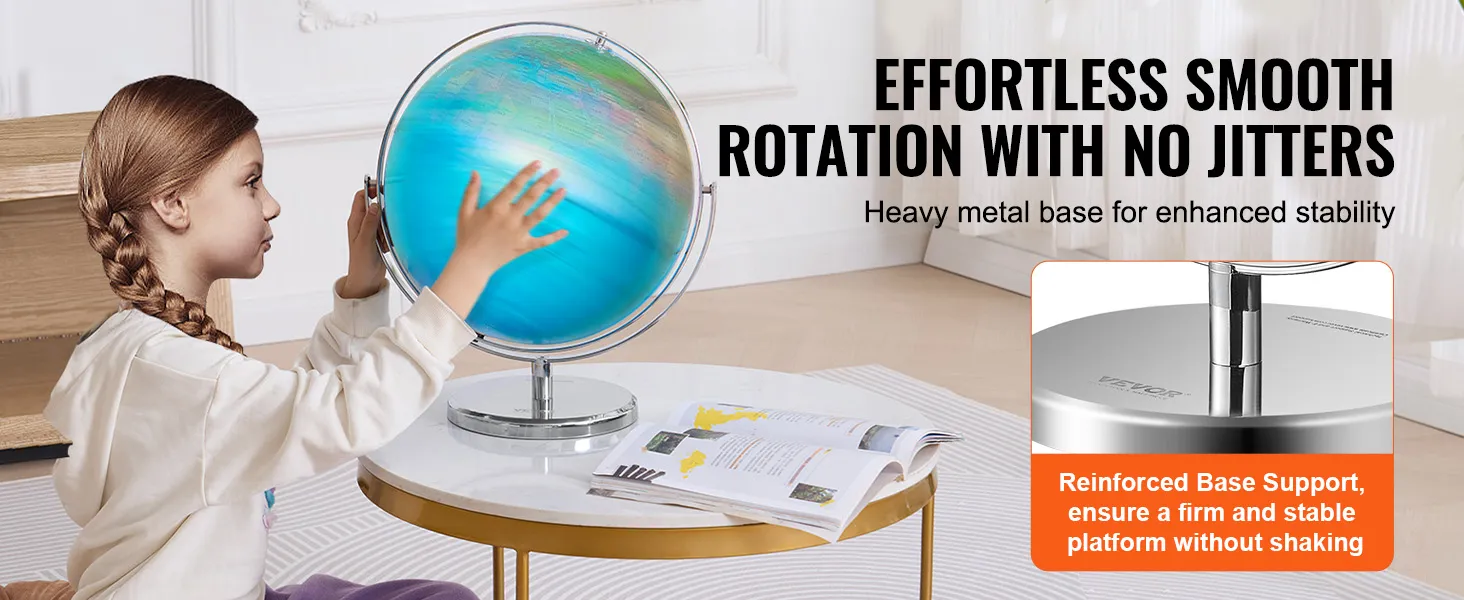 Globo giratorio VEVOR para niños sobre una mesa, con rotación suave y base de soporte reforzada.