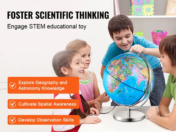 Niños explorando el globo giratorio VEVOR, fomentando el aprendizaje de STEM, la conciencia espacial y las habilidades geográficas.