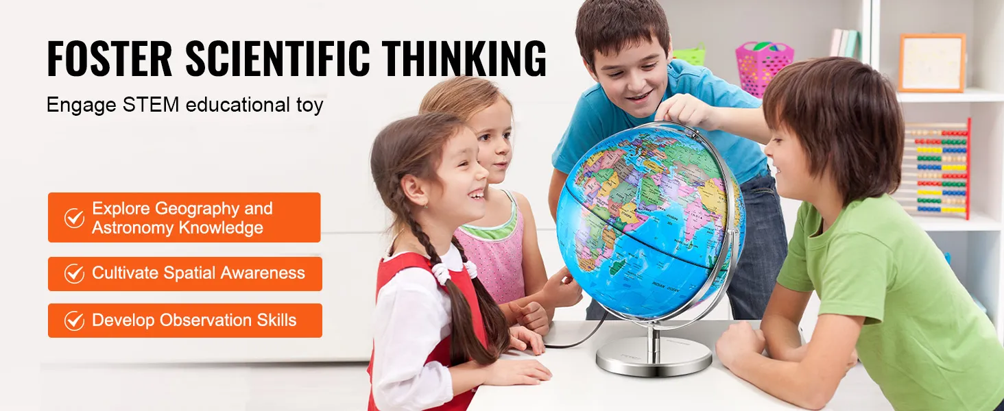 Niños explorando el globo giratorio VEVOR, fomentando el aprendizaje de STEM, la conciencia espacial y las habilidades geográficas.