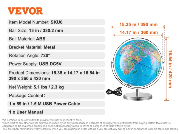 Verlichte VEVOR-wereldbol met 13 inch abs-bal, metalen beugel, USB-stroomkabel en gebruikershandleiding.