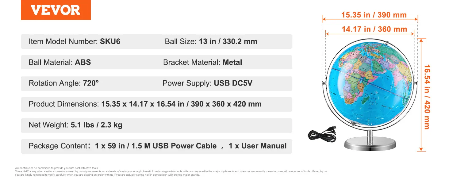 Verlichte VEVOR-wereldbol met 13 inch abs-bal, metalen beugel, USB-stroomkabel en gebruikershandleiding.