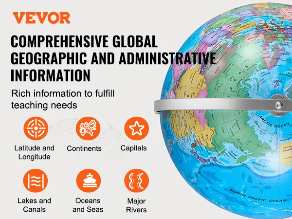 Verlichte VEVOR-wereldbol met gedetailleerde geografische en administratieve informatie voor educatief gebruik.