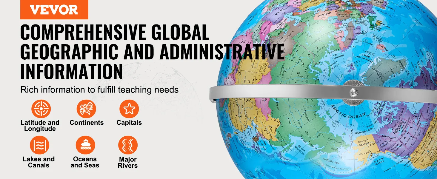 Verlichte VEVOR-wereldbol met gedetailleerde geografische en administratieve informatie voor educatief gebruik.