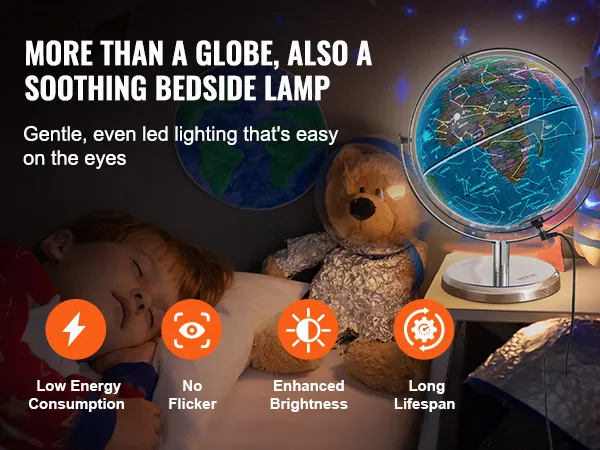 VEVOR verlichte wereldbol naast het bed, die dienstdoet als rustgevende lamp met een laag energieverbruik en zonder flikkering.