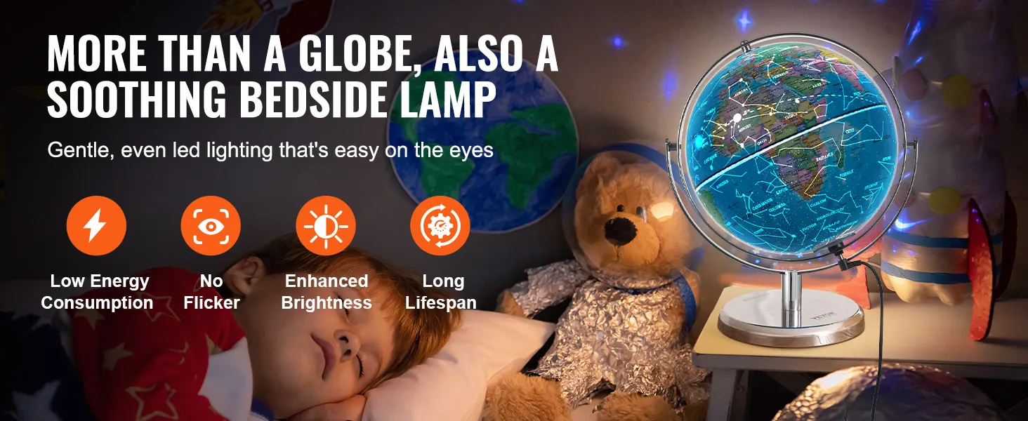 VEVOR verlichte wereldbol naast het bed, die dienstdoet als rustgevende lamp met een laag energieverbruik en zonder flikkering.