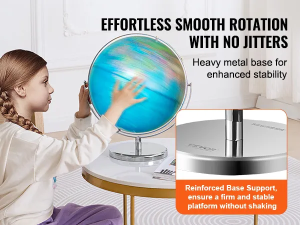 Een lichtgevende VEVOR-wereldbol voor kinderen, draaiend op een tafel met een stevige metalen voet, voor extra stabiliteit.