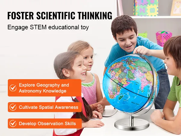 Kinderen leren aardrijkskunde met behulp van de verlichte VEVOR-wereldbol en verkennen stamcelconcepten in een klaslokaal.