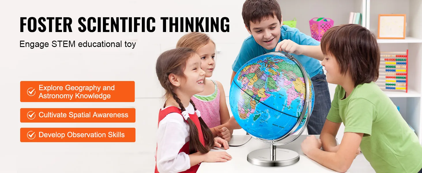 Kinderen leren aardrijkskunde met behulp van de verlichte VEVOR-wereldbol en verkennen stamcelconcepten in een klaslokaal.