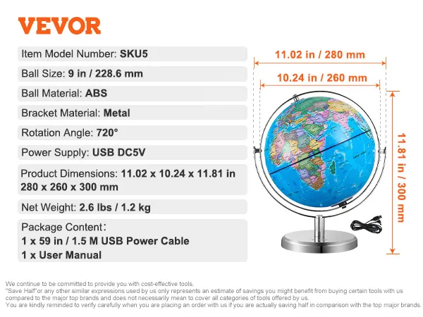 VEVOR verlichte wereldbol met 9-inch abs-bal, 720° rotatie en USB-voeding