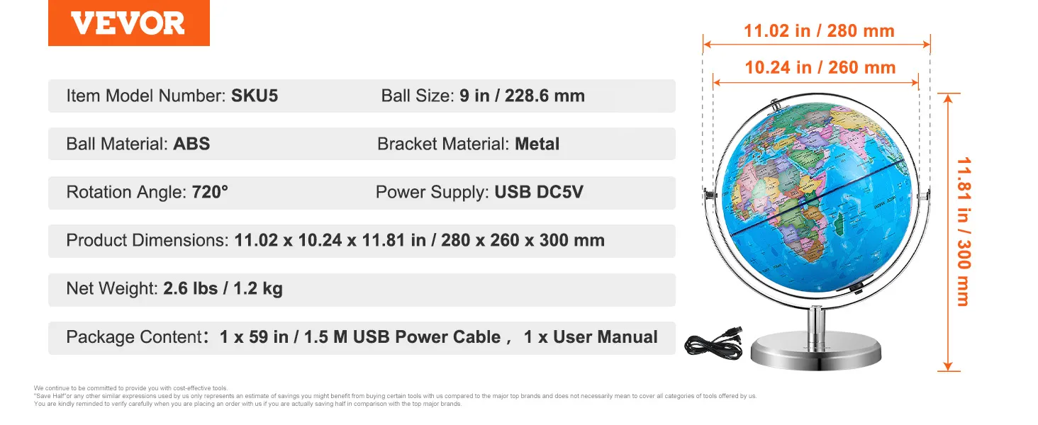 VEVOR verlichte wereldbol met 9-inch abs-bal, 720° rotatie en USB-voeding