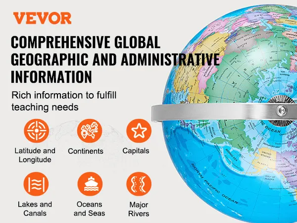 VEVOR verlichte wereldbol met uitgebreide geografische informatie voor het onderwijs, met een gedetailleerde kaart.
