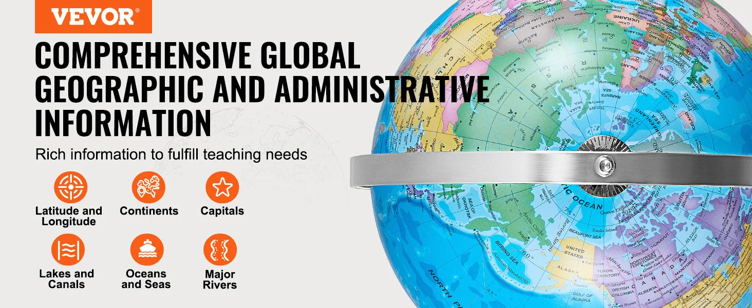 VEVOR verlichte wereldbol met uitgebreide geografische informatie voor het onderwijs, met een gedetailleerde kaart.