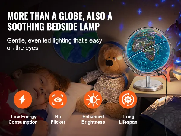 VEVOR verlichte wereldbol als nachtkastjelamp, met zachte ledverlichting, laag energieverbruik en geen flikkering.