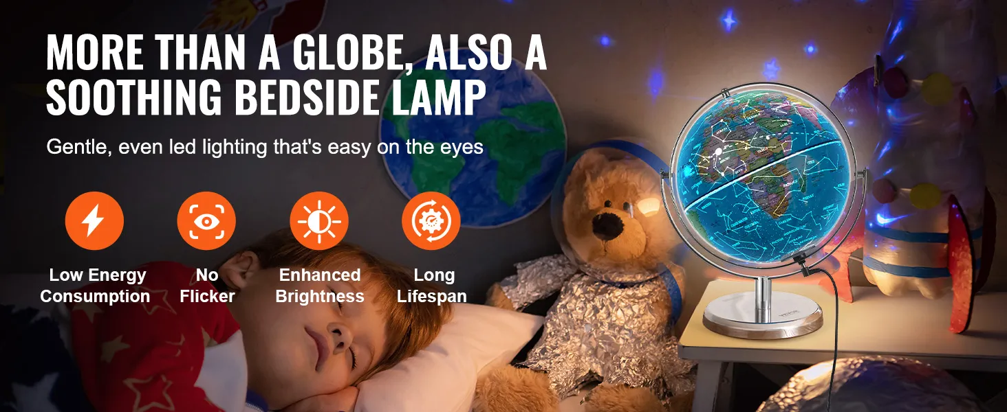 VEVOR verlichte wereldbol als nachtkastjelamp, met zachte ledverlichting, laag energieverbruik en geen flikkering.