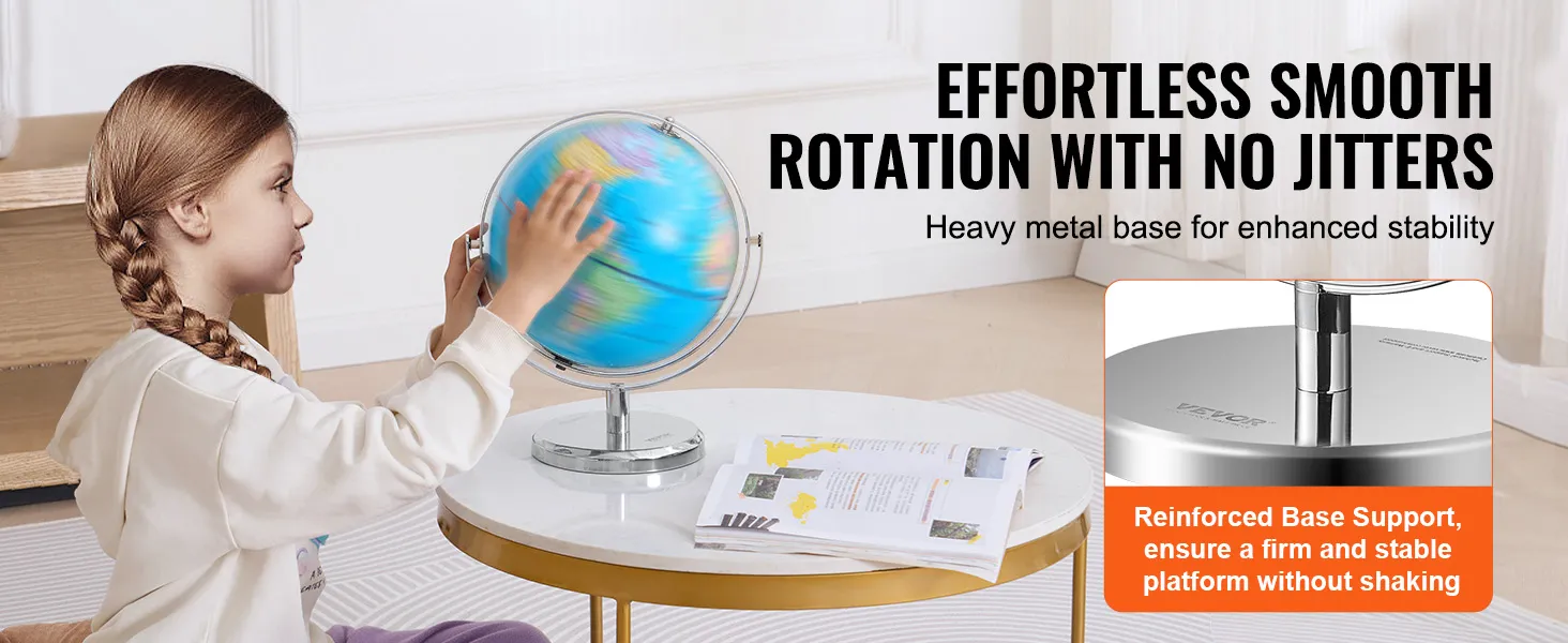 Een lichtgevende VEVOR wereldbol op een stevige metalen voet, met boeken op een witte ronde tafel.