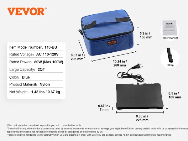 VEVOR portable oven, blue nylon material with dimensions and components: user manual, heating plate, and strap.
