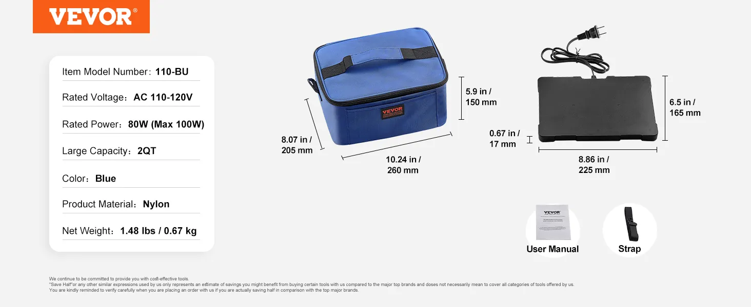 VEVOR portable oven, blue nylon material with dimensions and components: user manual, heating plate, and strap.