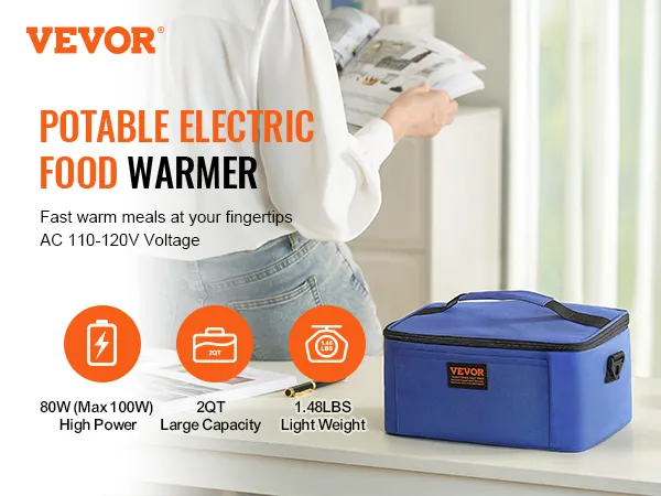 VEVOR portable oven for fast warm meals, 110-120v, 80w, 2qt capacity, lightweight 1.48lbs electric food warmer.