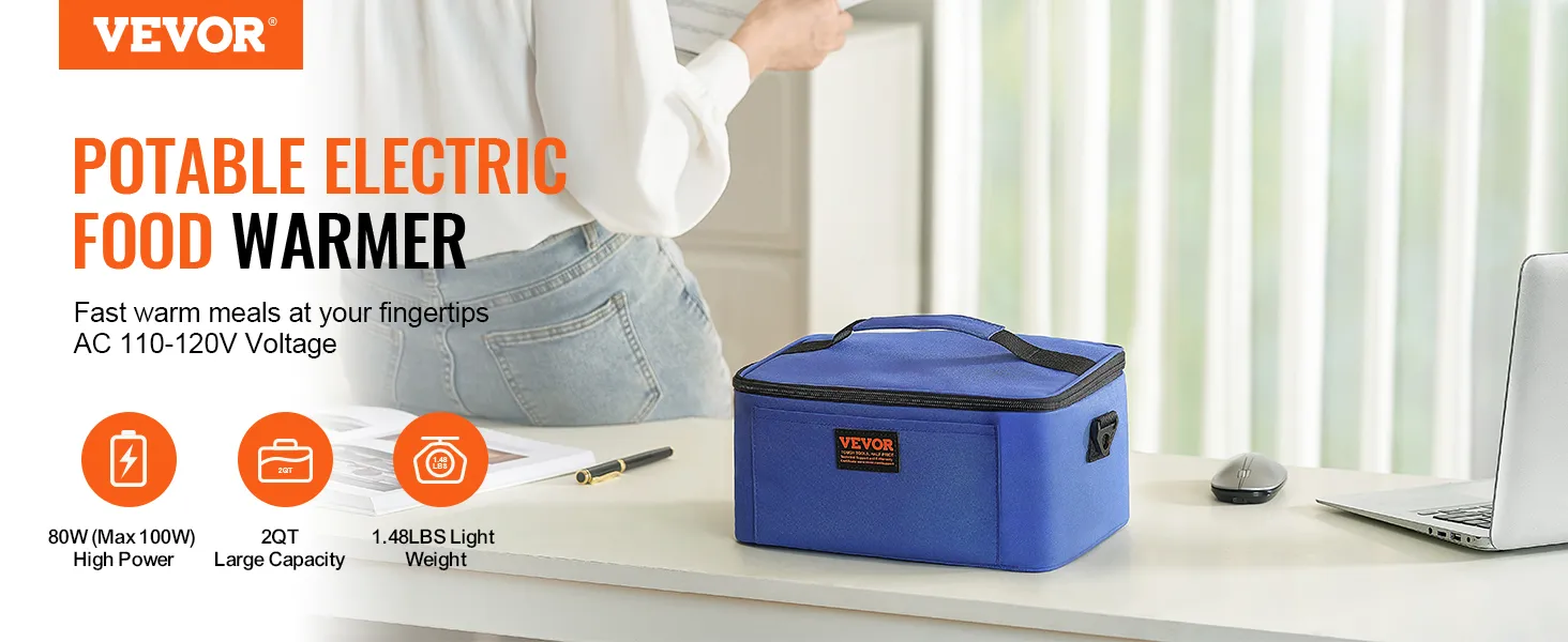 VEVOR portable oven for fast warm meals, 110-120v, 80w, 2qt capacity, lightweight 1.48lbs electric food warmer.