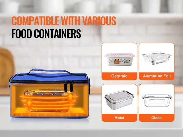 VEVOR portable oven compatible with ceramic, aluminum foil, metal, and glass food containers.
