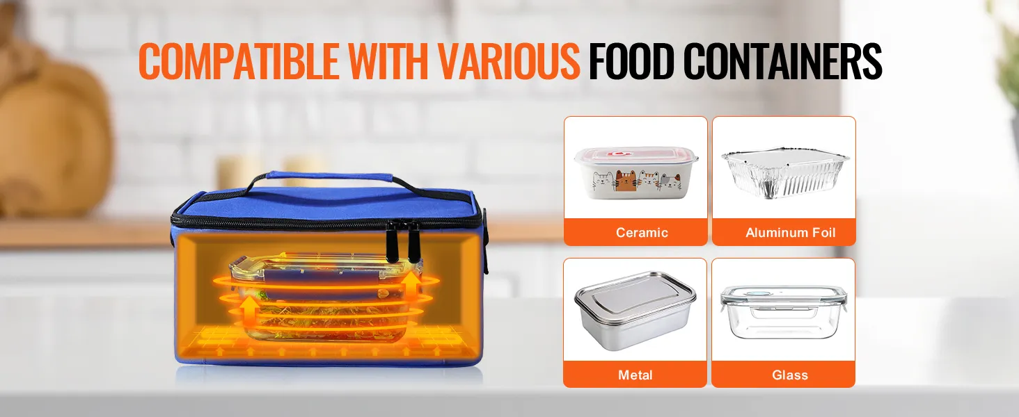 VEVOR portable oven compatible with ceramic, aluminum foil, metal, and glass food containers.