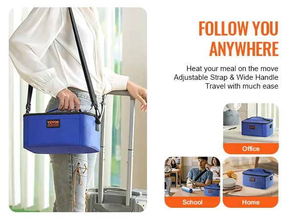 VEVOR portable oven with adjustable strap and wide handle, ideal for travel, office, school, and home use.