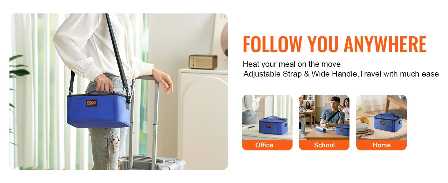 VEVOR portable oven with adjustable strap and wide handle, ideal for travel, office, school, and home use.