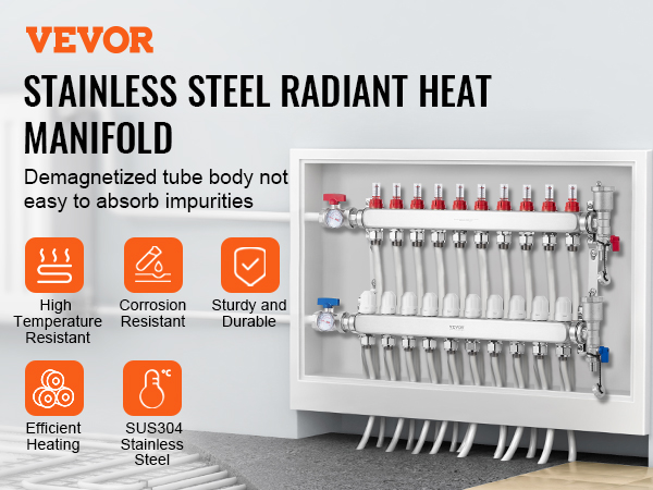 Collecteur Chauffage Radiant VEVOR 7012-25-06-00 - 6 Branches, Acier Inox 304, Vannes 1 Pouce, Débit 5 L/min - Pour Plancher Chauffant - 7