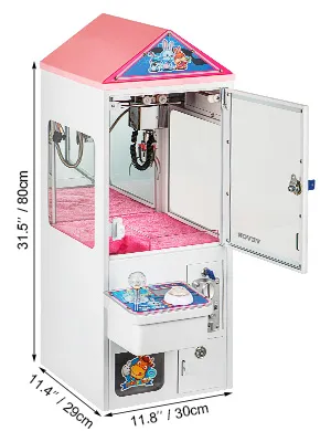 VEVOR claw crane machine with dimensions labeled, pink interior, and an open door.